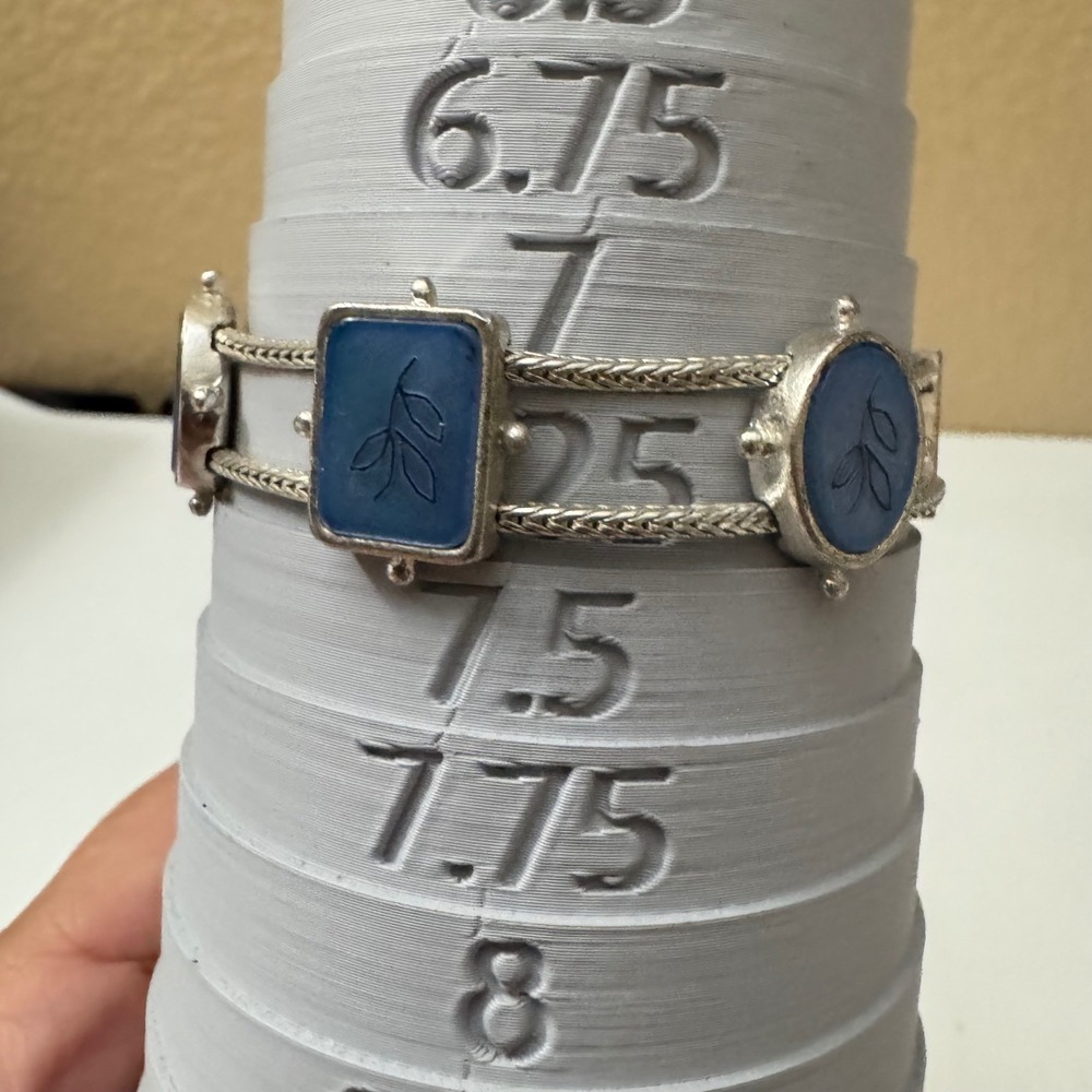 Vintage Blue Intaglio Leaf Glass Link Bracelet Silver Tone Wheat Chain 7.25" 90s